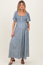 Grey Floral Smocked Flutter Sleeve Maternity Midi Dress