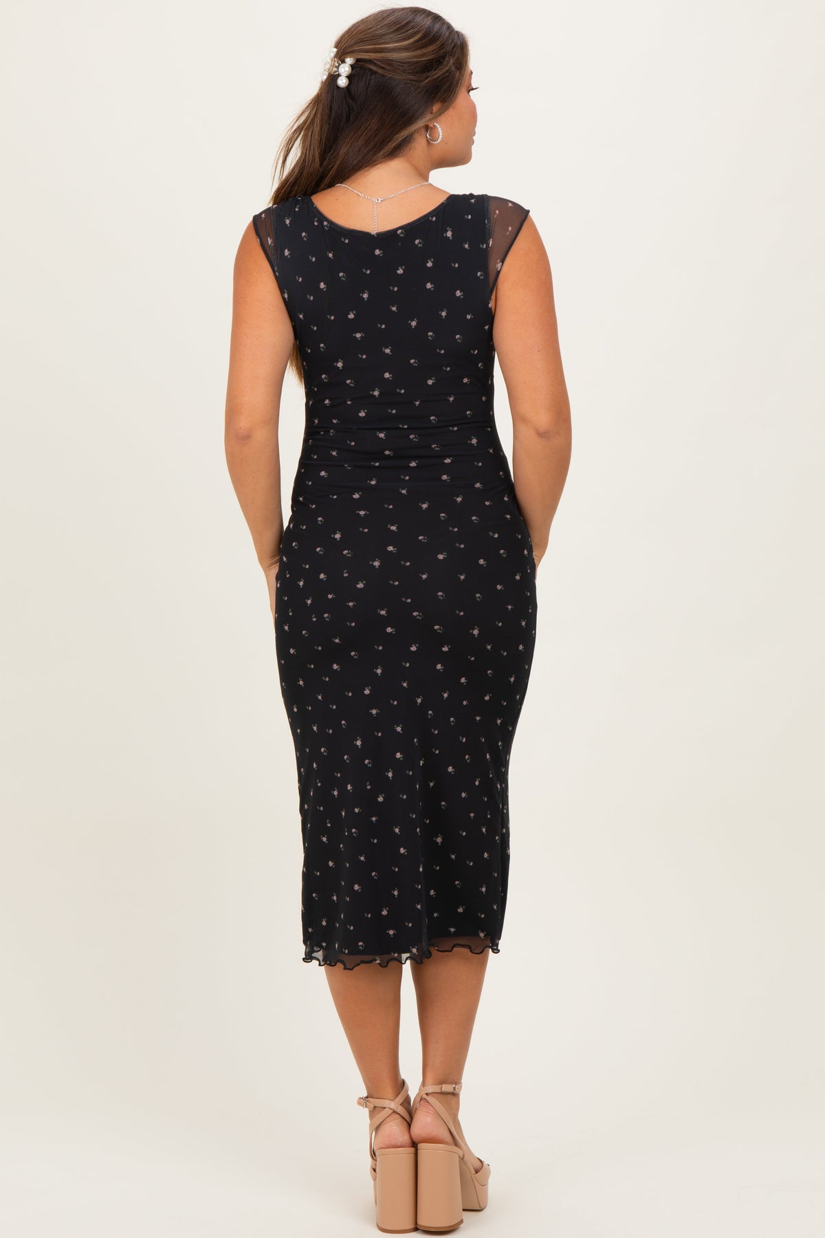 Black Floral Mesh Front Tie Cutout Maternity Midi Dress