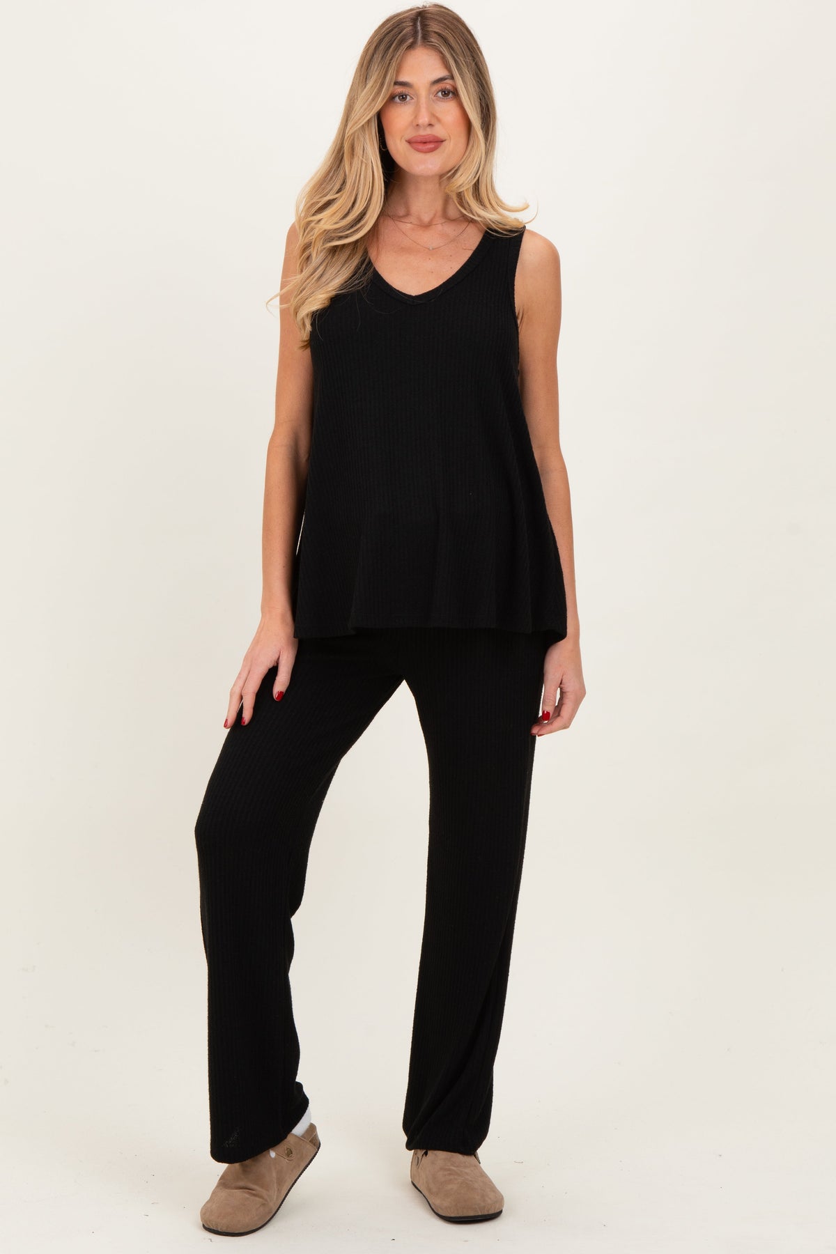 Black Rib Knit Tank and Pant Maternity Set