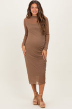 Mocha Shimmer Mesh Long Sleeve Ruched Maternity Midi Dress