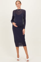 Navy Shimmer Mesh Long Sleeve Ruched Maternity Midi Dress