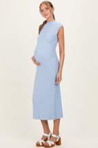 Sky Blue Ribbed Knit Mock Neck Maternity Maxi Dress