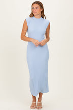 Sky Blue Ribbed Knit Mock Neck Maternity Maxi Dress
