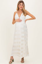 Cream Satin Plisse V-Neck Maternity Maxi Dress