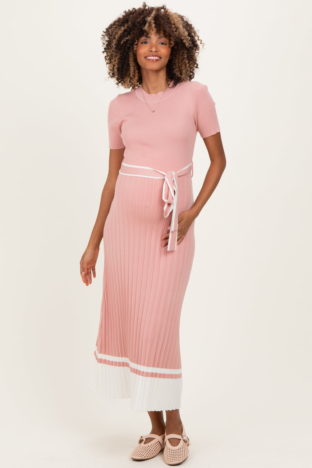 Mauve Knit Pleated Sash Tie Maternity Midi Dress