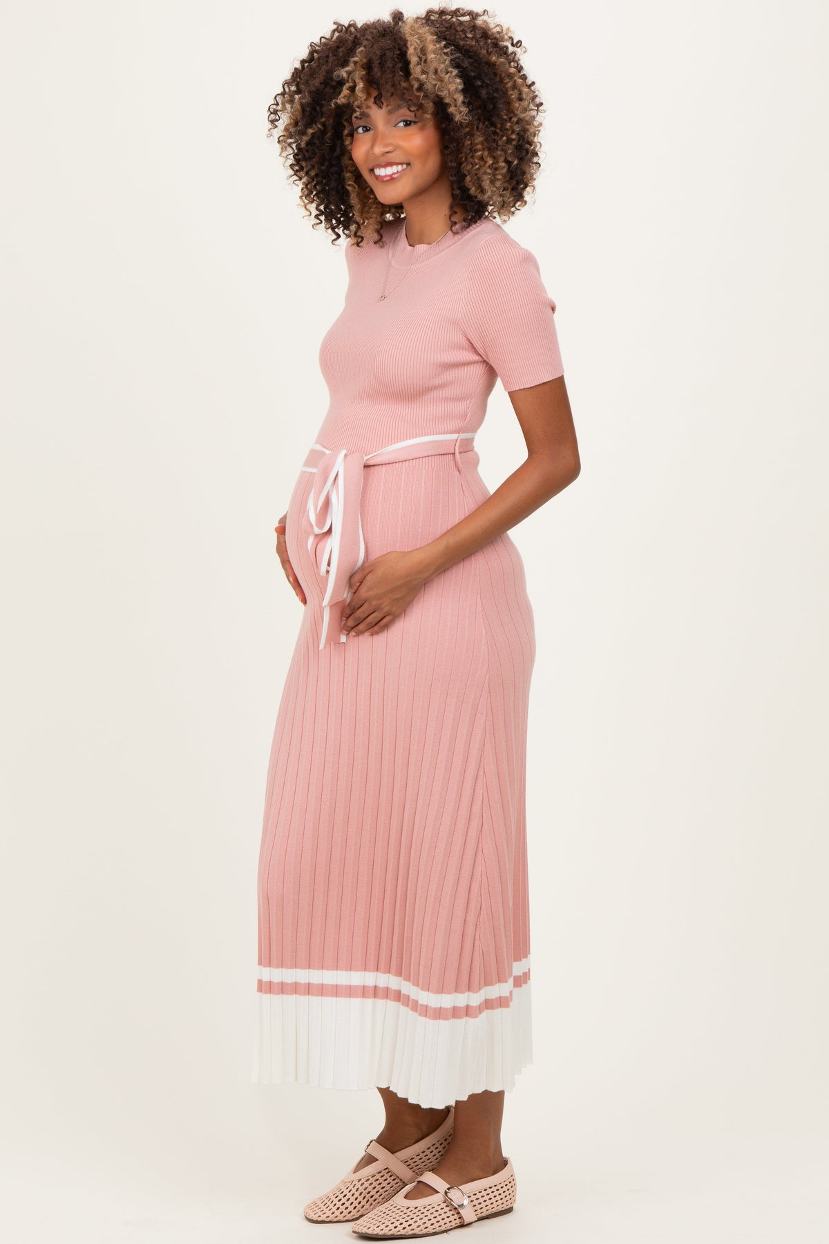 Mauve Knit Pleated Sash Tie Maternity Midi Dress