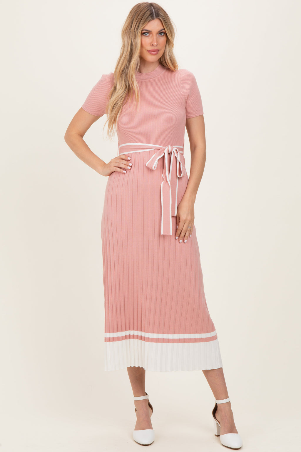 Mauve Knit Pleated Sash Tie Maternity Midi Dress