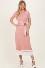 Mauve Knit Pleated Sash Tie Maternity Midi Dress