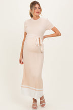 Beige Knit Pleated Sash Tie Maternity Midi Dress
