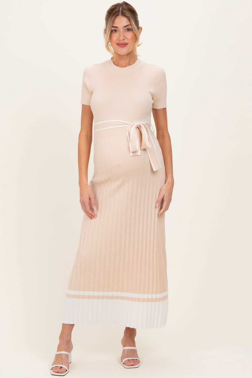 Beige Knit Pleated Sash Tie Maternity Midi Dress