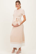 Beige Knit Pleated Sash Tie Maternity Midi Dress