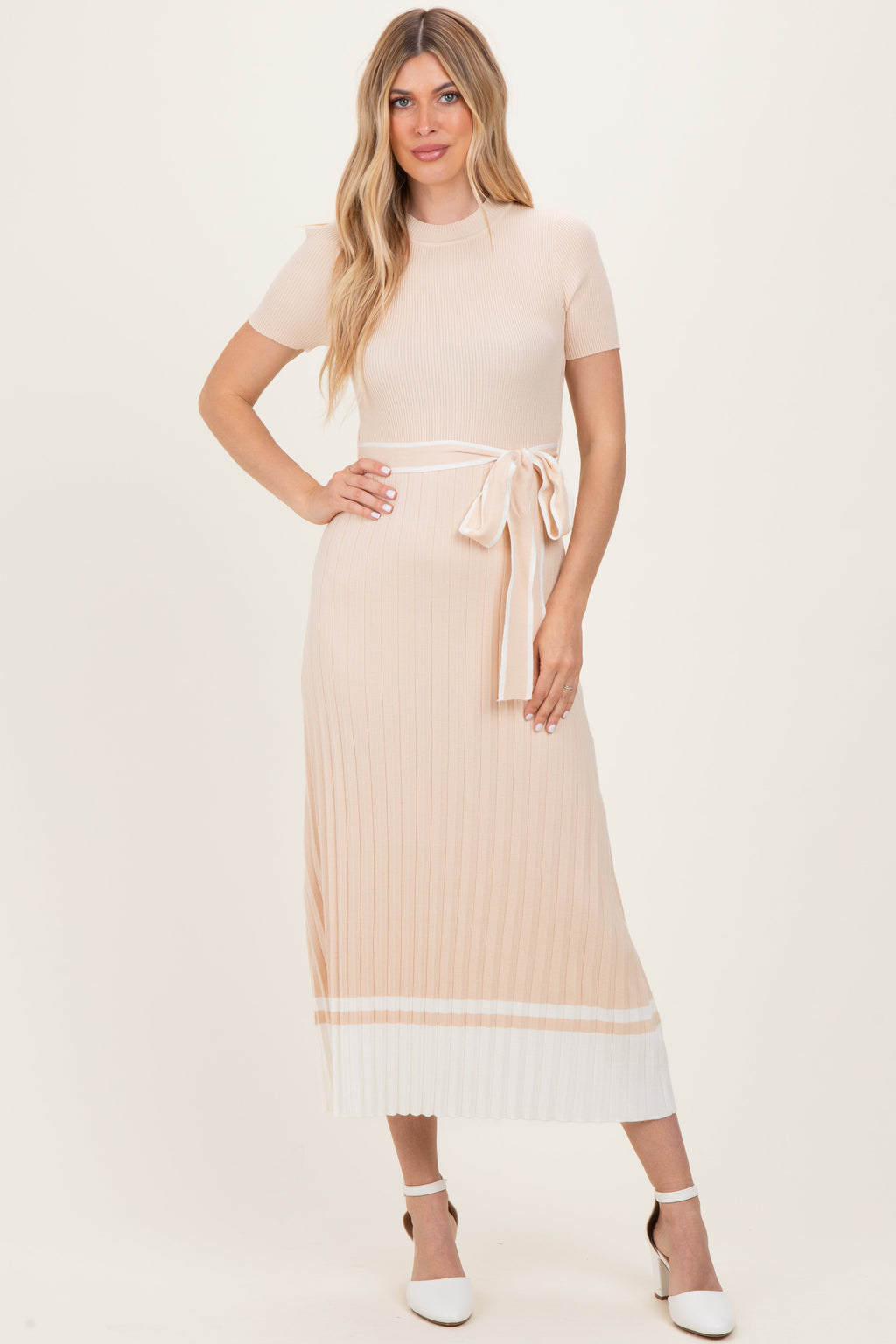 Beige Knit Pleated Sash Tie Maternity Midi Dress