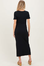 Black Short Sleeve Waist Tie Side Slit Maternity Maxi Dress