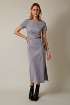 Grey Short Sleeve Waist Tie Side Slit Maternity Maxi Dress
