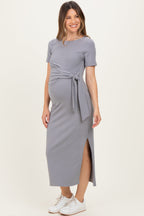 Grey Short Sleeve Waist Tie Side Slit Maternity Maxi Dress