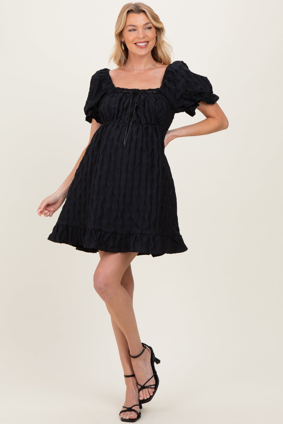 Black Textured Puff Sleeve Maternity Dress