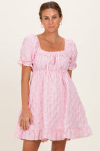 Pink Textured Puff Sleeve Maternity Dress