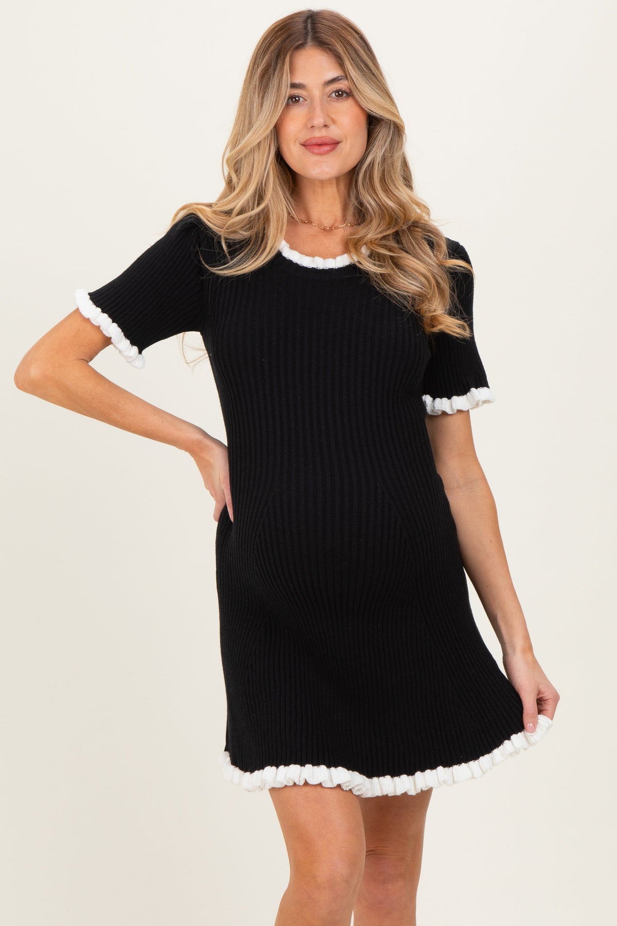 Black Ribbed Knit Ruffle Trim Maternity Mini Dress