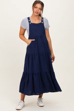Navy Blue Button Sling Tiered Maternity Midi Dress