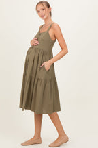 Olive Sleeveless Button Down Tiered Maternity Midi Dress