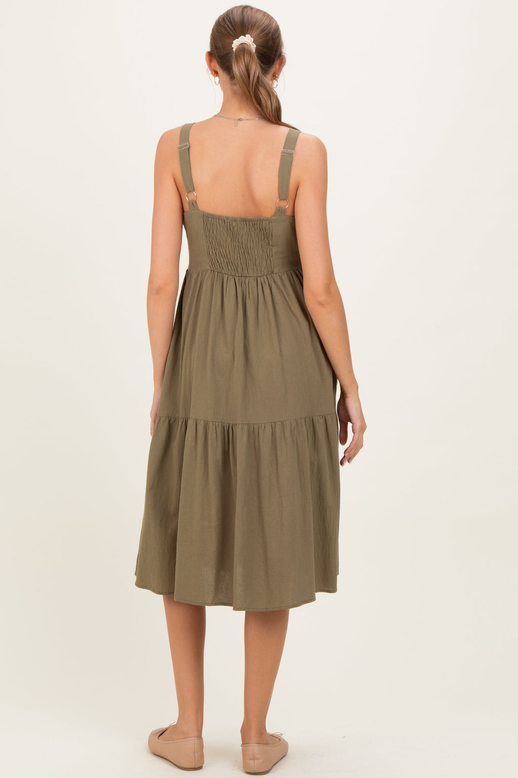 Olive Sleeveless Button Down Tiered Maternity Midi Dress