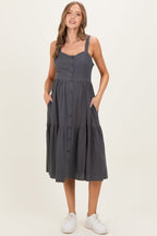 Charcoal Sleeveless Button Down Tiered Maternity Midi Dress