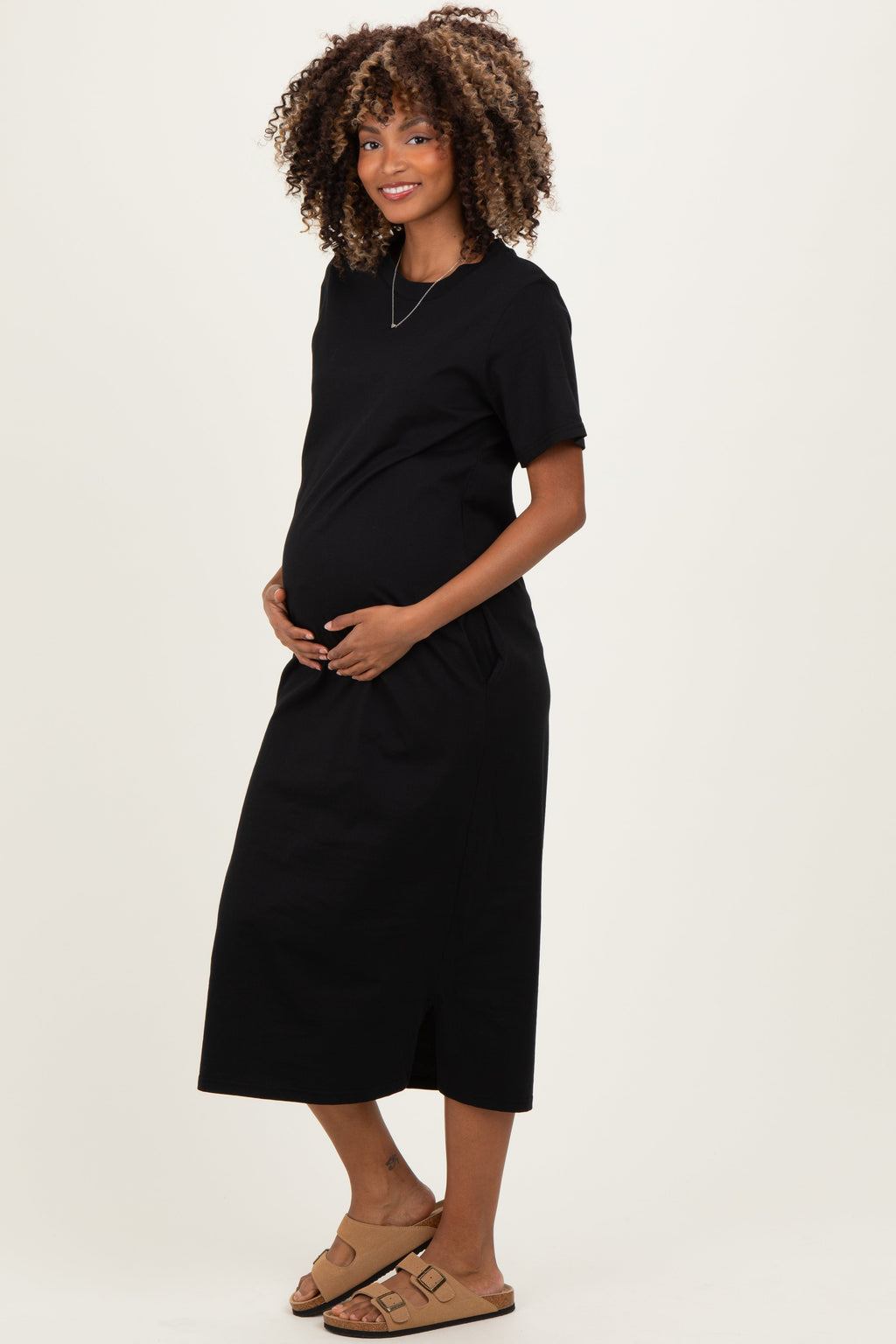 Black Cotton T-Shirt Maternity Midi Dress