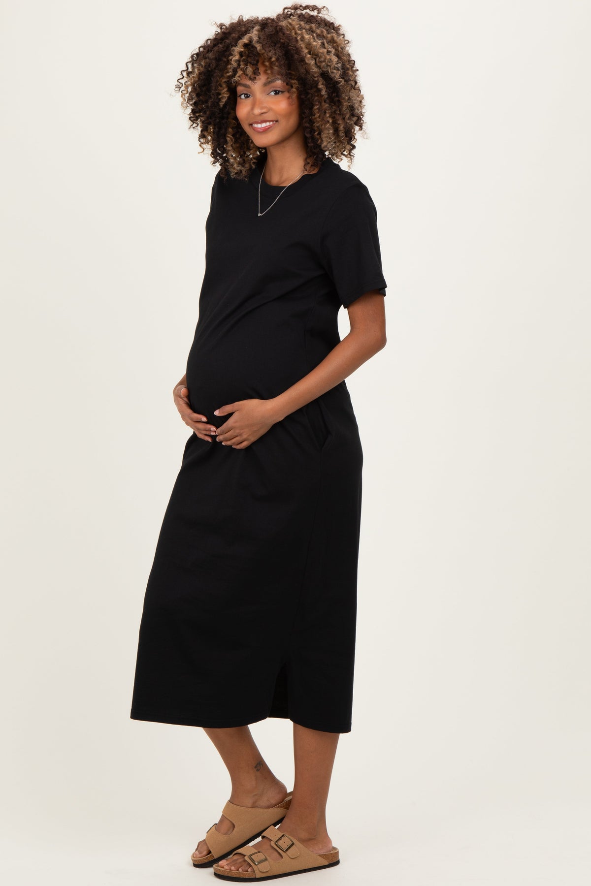 Black Cotton T-Shirt Maternity Midi Dress