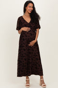 Brown Floral Mesh 3/4 Sleeve V-Neck Maternity Maxi Dress