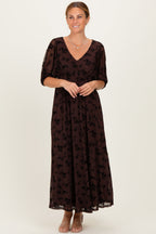 Brown Floral Mesh 3/4 Sleeve V-Neck Maternity Maxi Dress