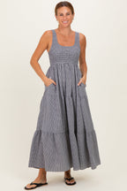 Black Gingham Smocked Bodice Maternity Maxi Dress