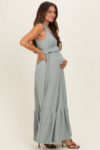Sage Ribbed Sleeveless V-Neck Ruffle Tiered Maternity Maxi Dress