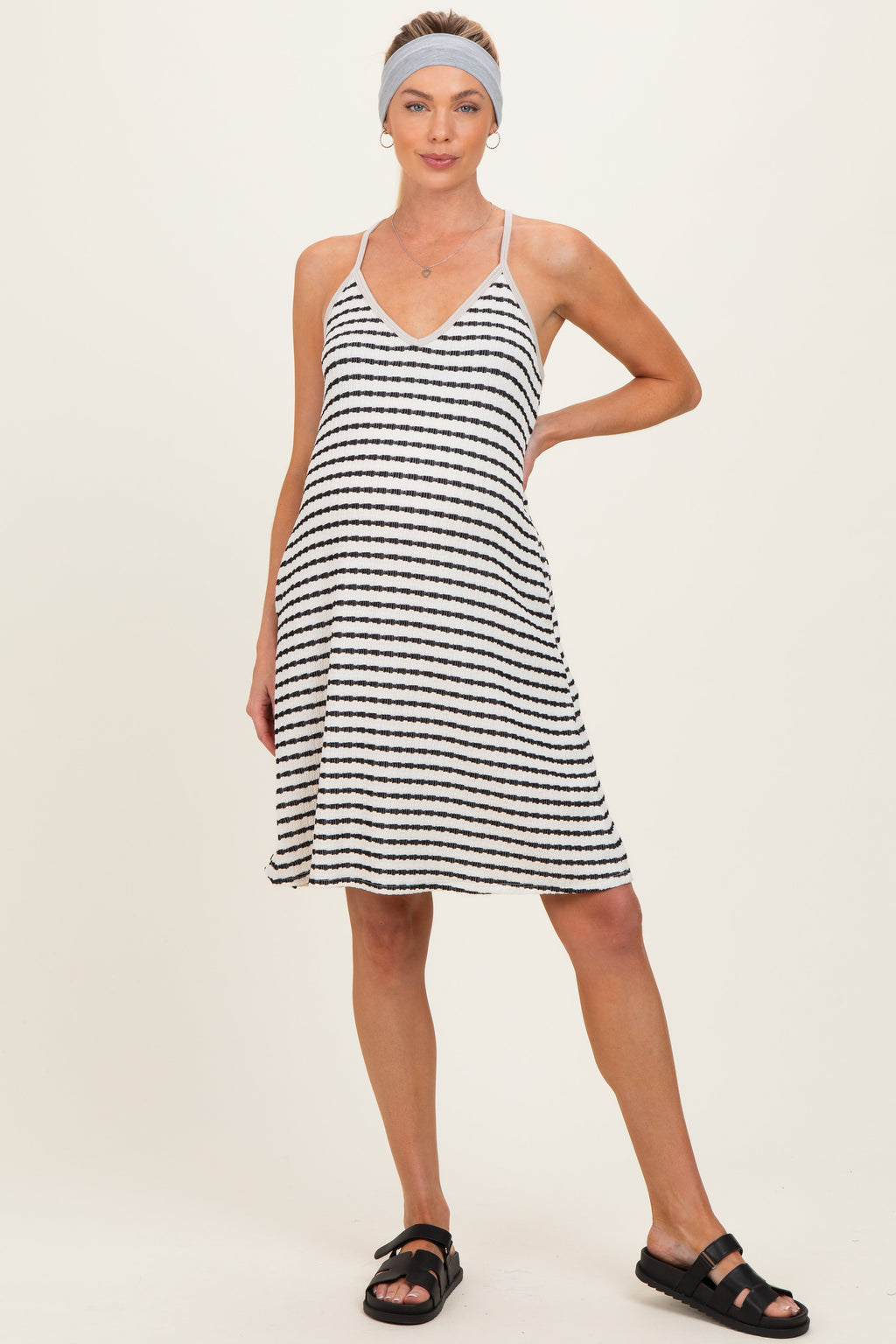 Ivory/ Black Striped Sleeveless Halter Maternity Mini Dress