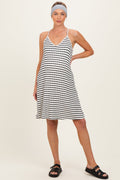 Ivory/ Black Striped Sleeveless Halter Maternity Mini Dress
