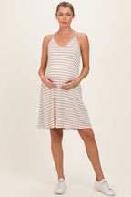 Cream/ Camel Striped Sleeveless Halter Maternity Mini Dress