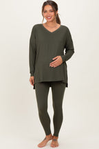 Olive Green Brushed Knit Maternity Oversized Top and Legging Set