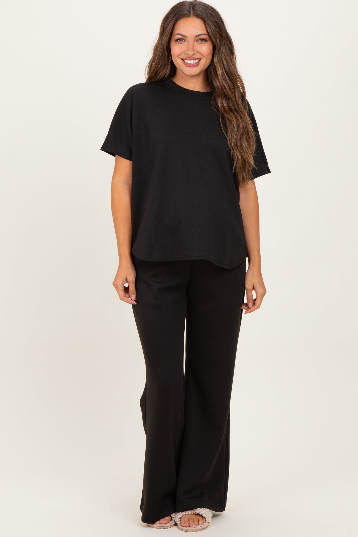 Black Curved Hem Tee Pants Maternity Lounge Set