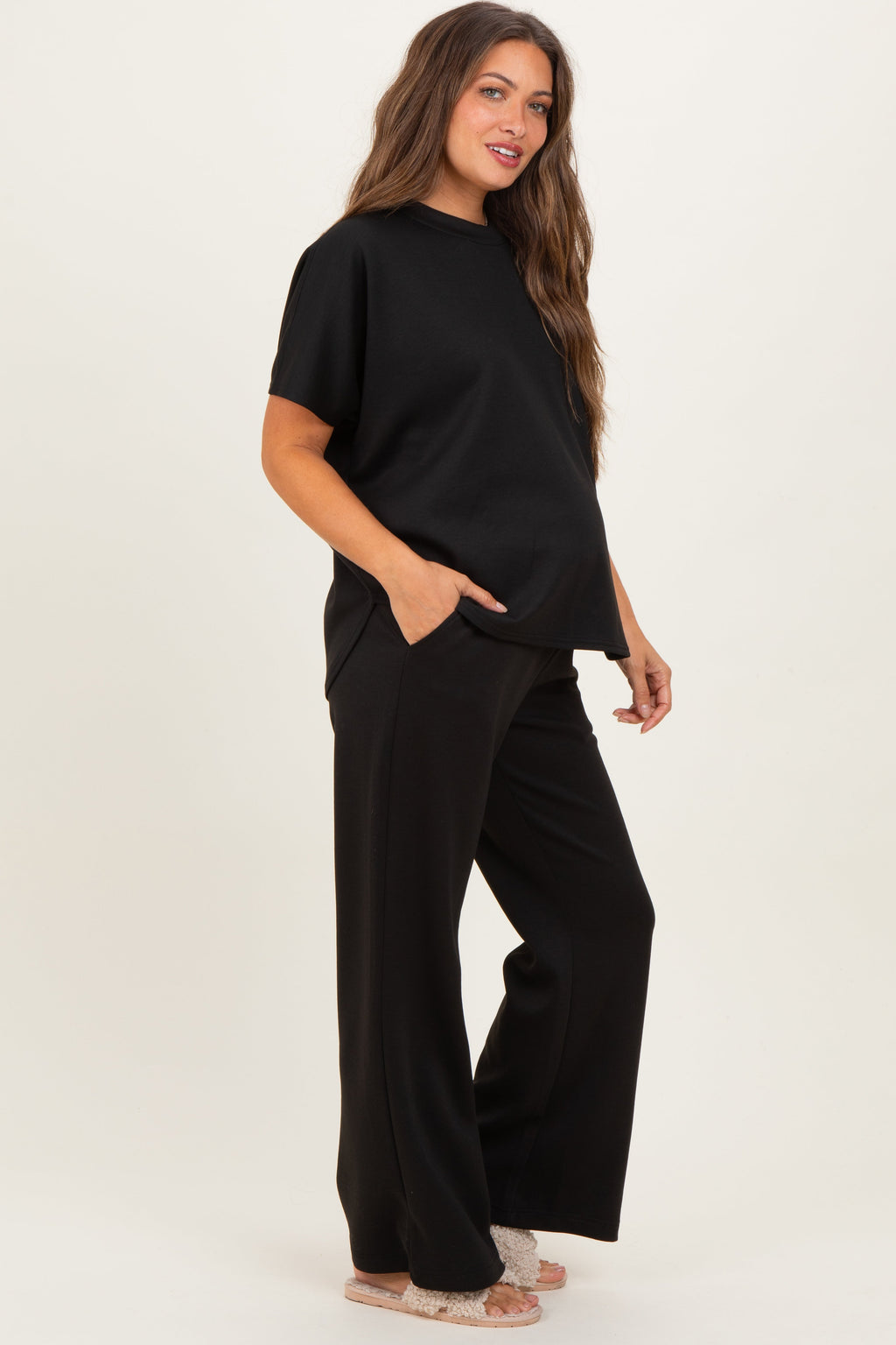 Black Curved Hem Tee Pants Maternity Lounge Set