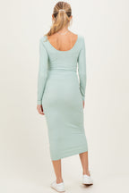 Sage Ribbed Long Sleeve Squareneck Fitted Maternity Midi Dress