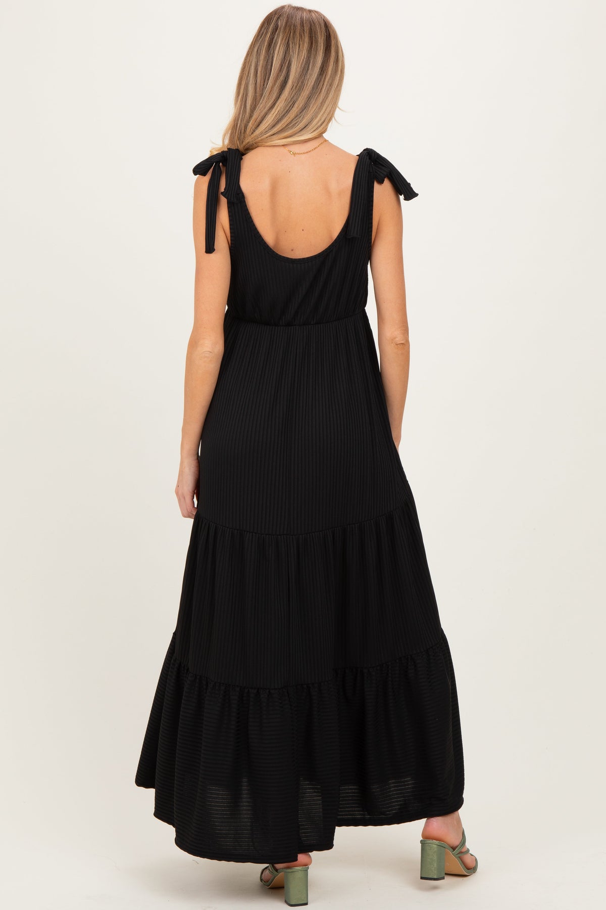 Black Shoulder Tie Ribbed Tiered Maternity Maxi Dress