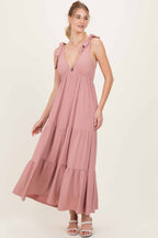 Mauve Shoulder Tie Ribbed Tiered Maternity Maxi Dress