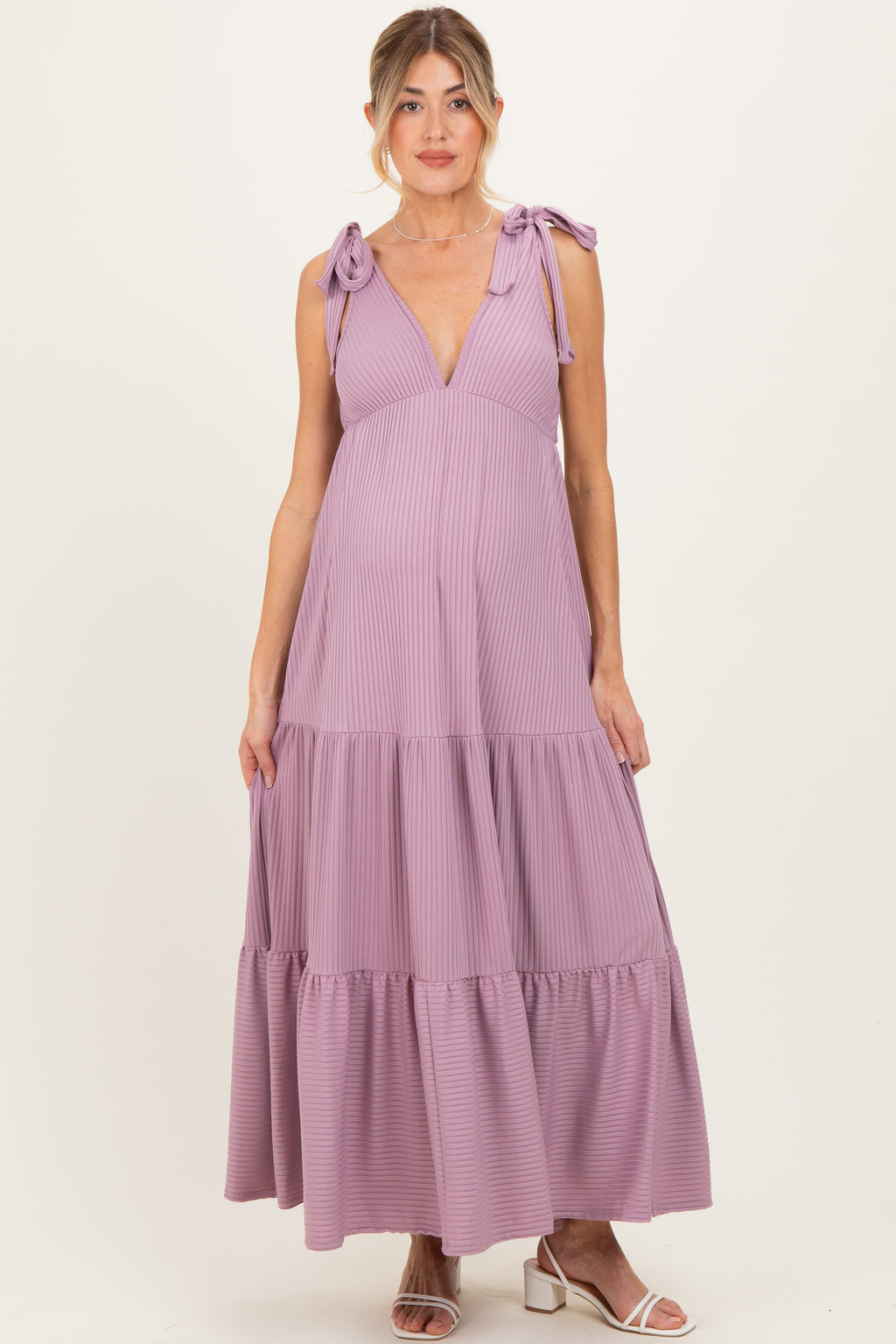 Violet Shoulder Tie Ribbed Tiered Maternity Maxi Dress