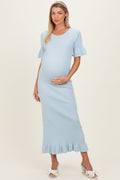 Sky Ribbed Knit Bow Back Ruffle Accent Maternity Dress