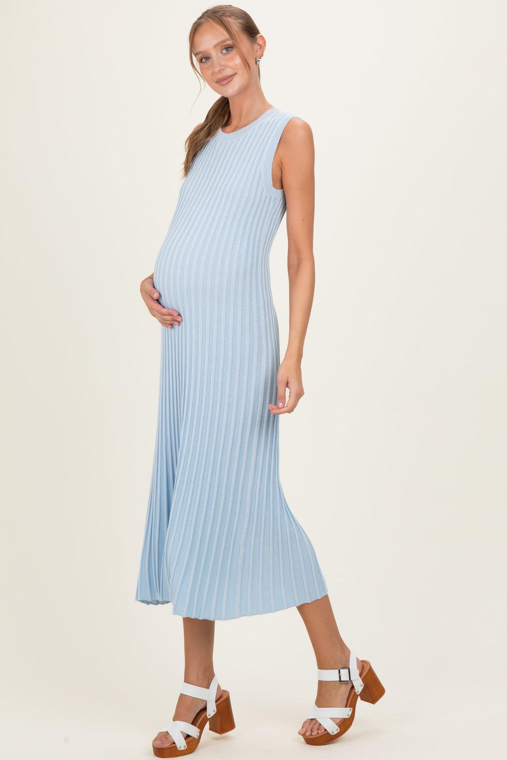 Sky Blue Ribbed Knit Sleeveless Maternity Maxi Dress