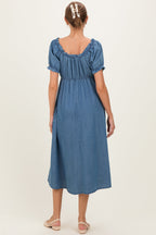 Blue Chambray Ruffle Neckline Maternity Midi Dress