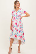 Taupe Floral Print Short Sleeve Hi-Low Maternity Wrap Dress