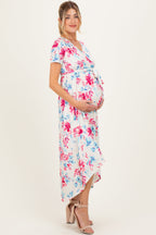 Taupe Floral Print Short Sleeve Hi-Low Maternity Wrap Dress