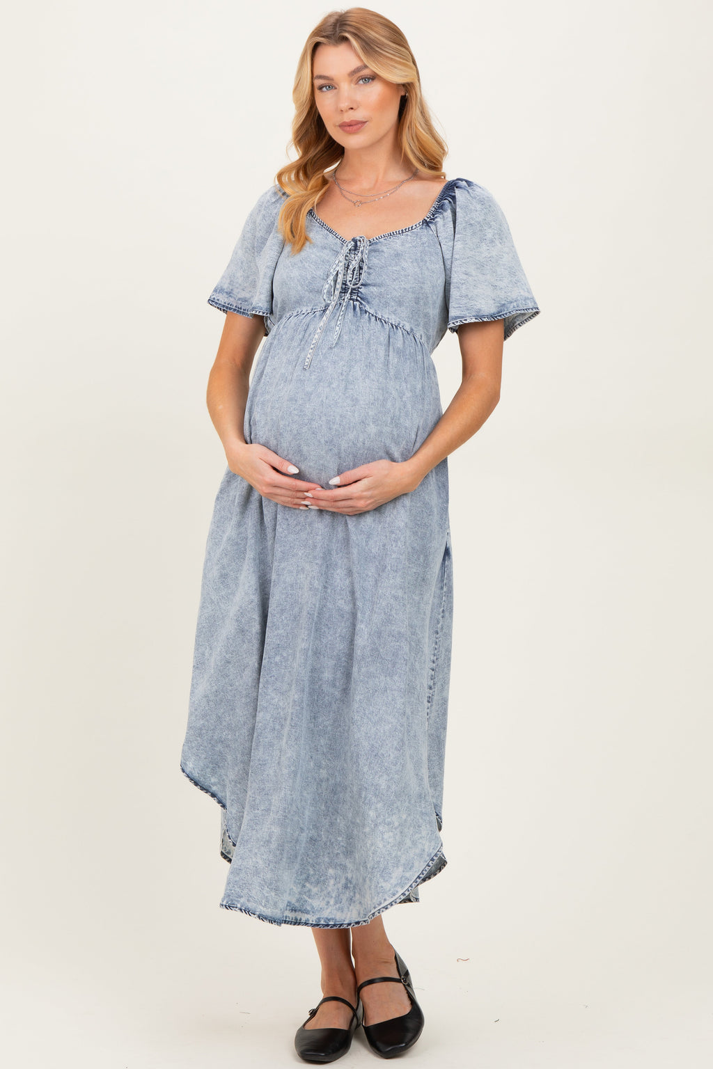 Light Blue Chambray Cinched Tie Bust Maternity Maxi Dress