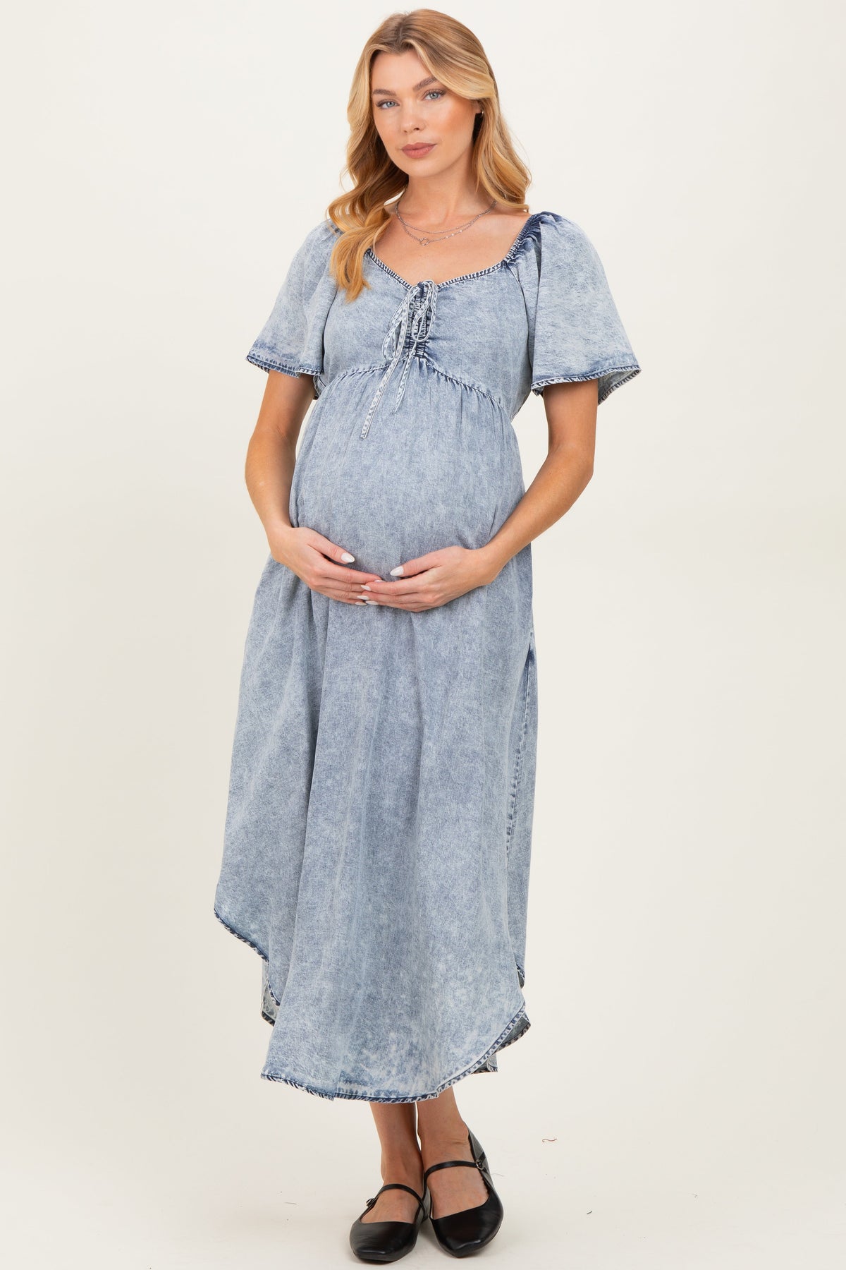 Light Blue Chambray Cinched Tie Bust Maternity Maxi Dress