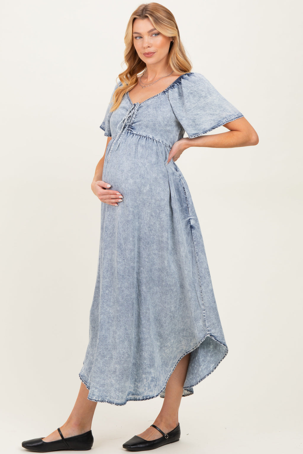 Light Blue Chambray Cinched Tie Bust Maternity Maxi Dress